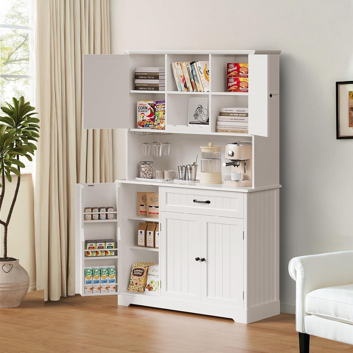 Kitchen pantry cabinet used for general food storage.