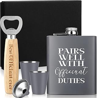 Officiant Gift for Wedding Day Men Stainless Steel 7 oz Hip Flask 2 Shot Glasses Convenient Funnel Bottle Opener Officiant Proposal Gift Wedding Party Thank You Present Set(Gray)