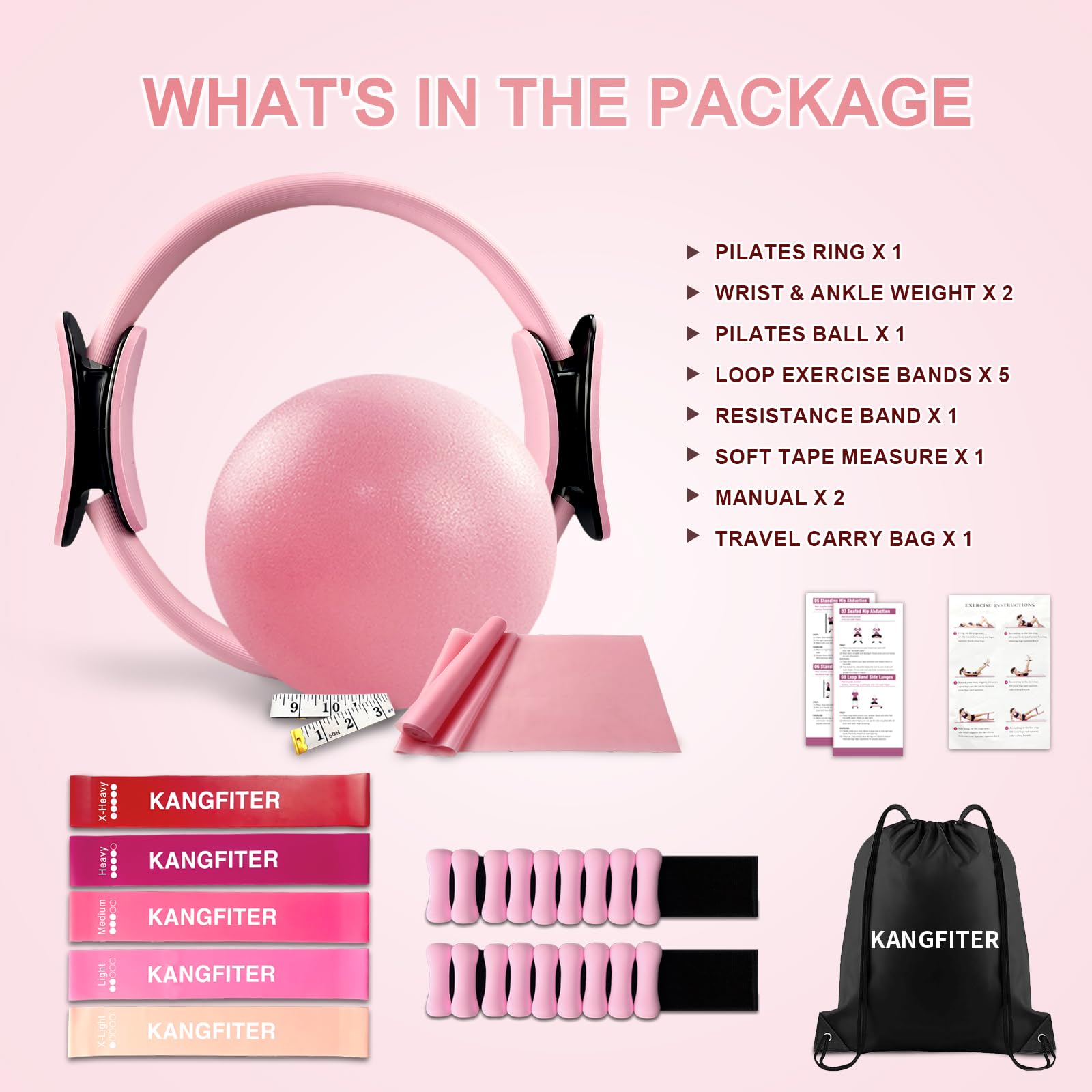 Pilates Ring Set 11 PCS, Magic Circle Yoga Ring, Pilates Ball, Adjustable Ankle Wrist Weights, Resistance Bands, Tape Measure, Pilates Kit Equipment Accessories for Women Home Workouts Yoga