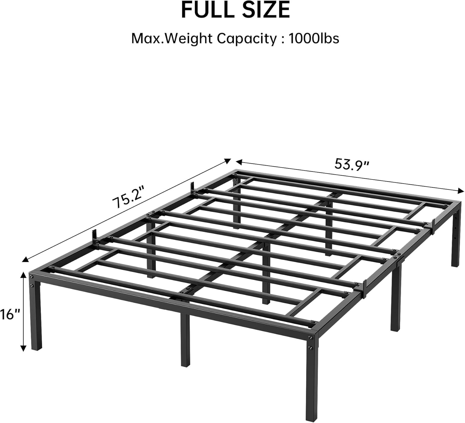 IDEALHOUSE 16 Inch Full Bed Frame No Box Spring Needed, Heavy Duty Metal Platform Bed Frame Full Size for Bedroom Easy Assembly, Noise Free, Black, Full