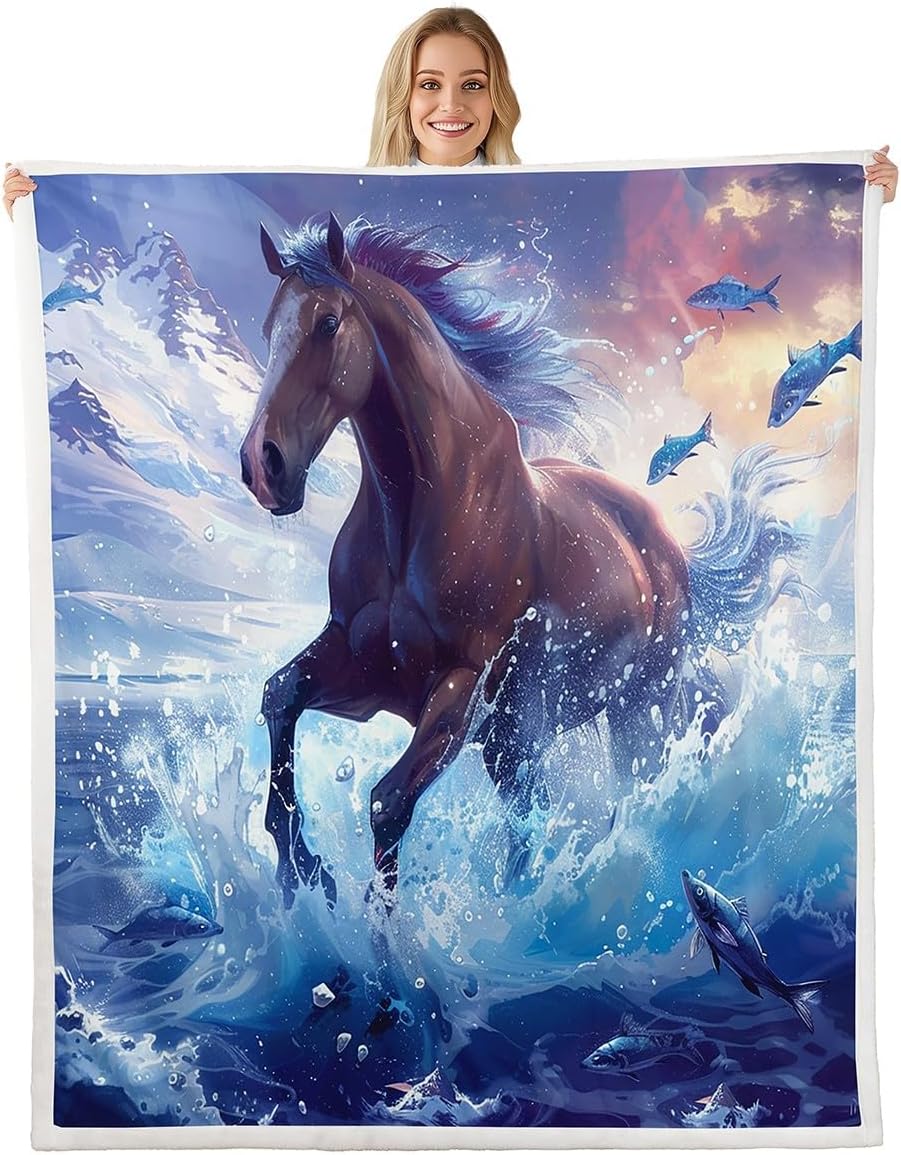 Feelyou Kids Boys Girls Horse Fleece Throw Blanket Cherry Blossom Plush Blanket Horse Sherpa Blanket for Pink Horse Fuzzy Cozy Soft Blanket Twin 60"x80"