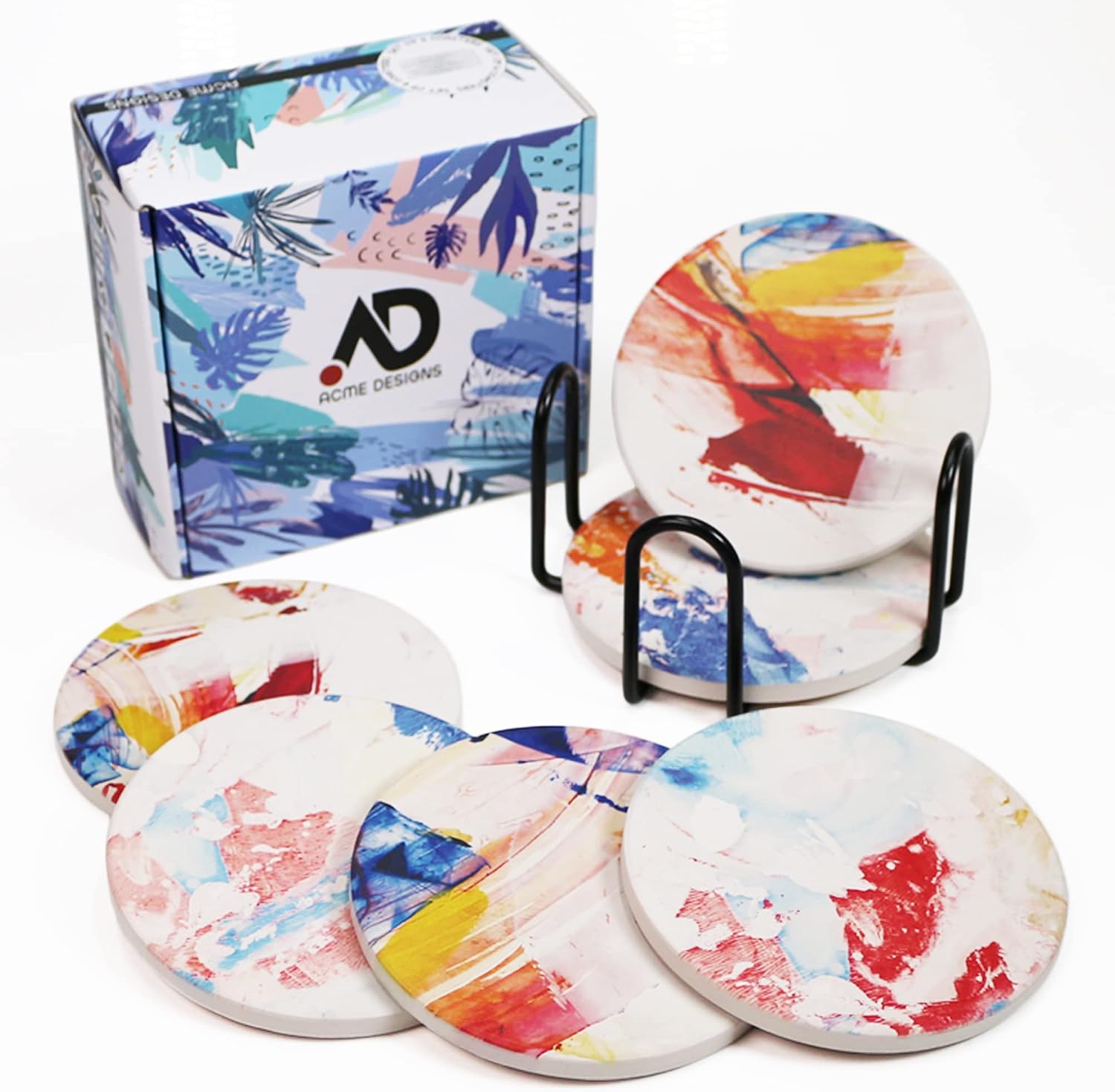 AD Set of 6 Coasters with Holder for Drinks Absorbing Round Ceramic Stone Coaster with Cork Base,Tabletop Protection Mat for Mugs and Cups,Office (Abstract Paint with Holder)