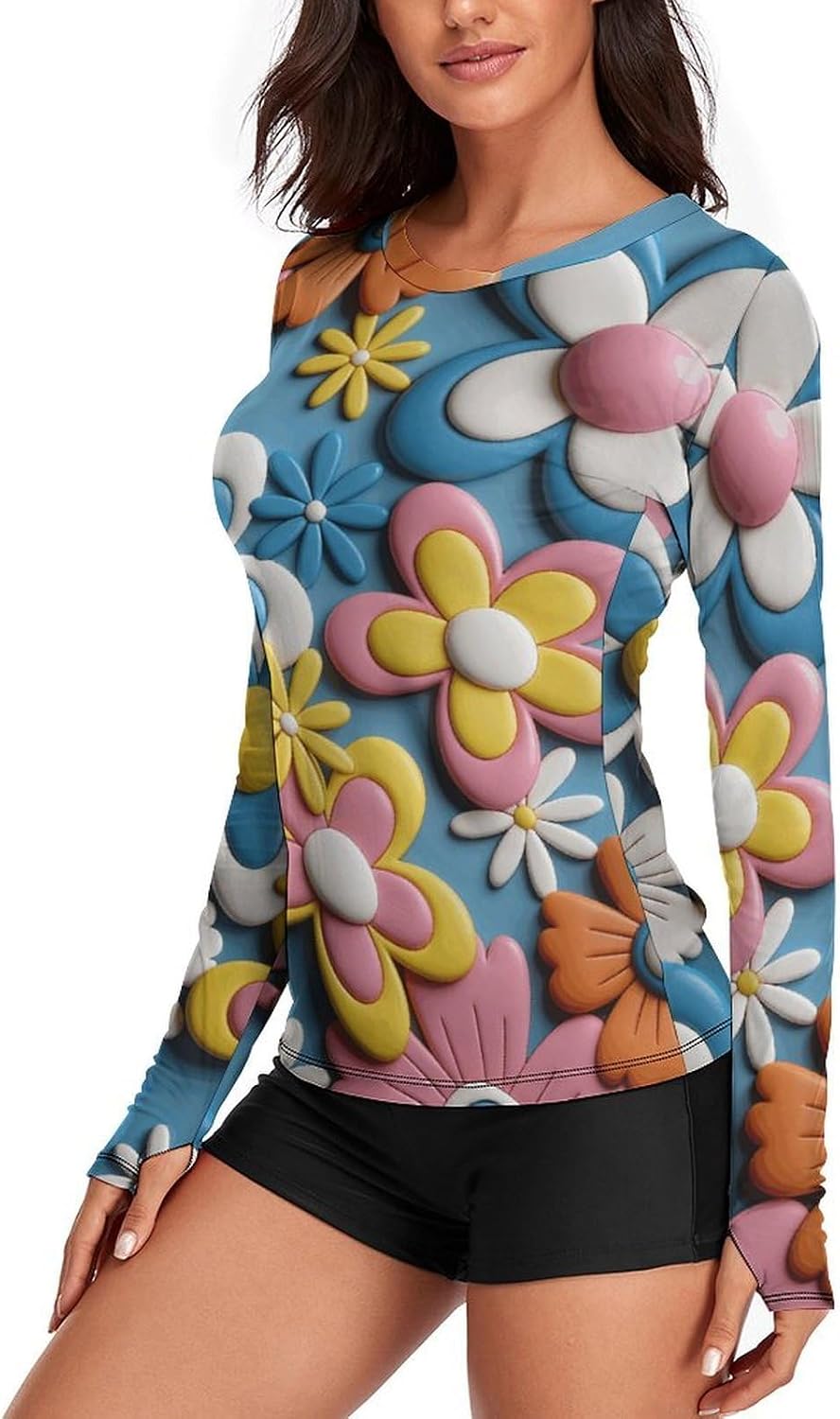 Colorful Retro Flowers Rash Guard for Women UPF 50+ UV Sun Protection | Long Sleeve Workout Top Quick Dry Athletic Hiking Shirt Moisture Wicking Swim Shirt for Running, Cycling, Swimming