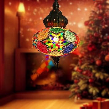 Turkish Moroccan Mosaic Pendant Lights Chandelier Lighting with 31 Cord, 12 Colors Handmade Mosaic Hanging Light Ceiling Lamp Swag Light Fixture for Bedroom10" Diameter,Color a