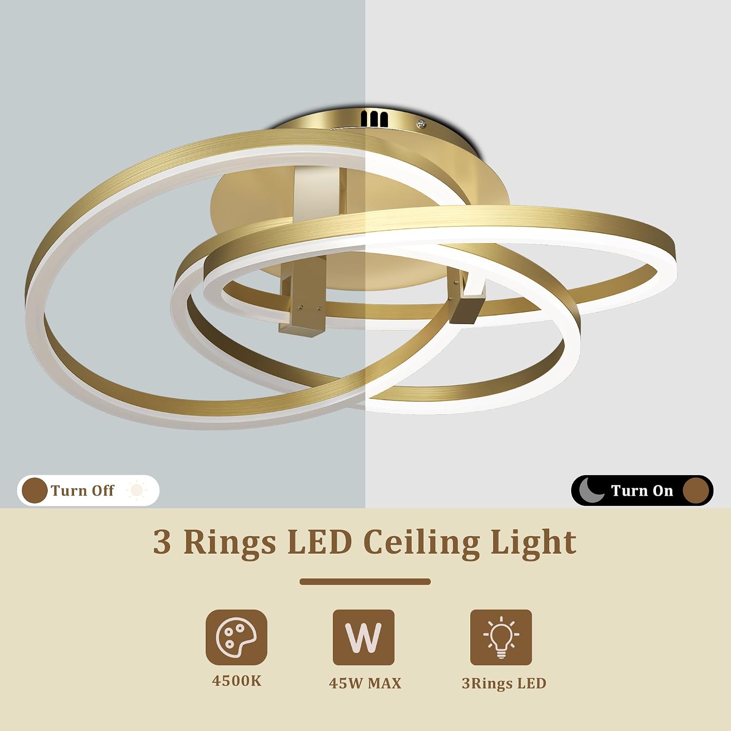Maxax 23.5" Gold Led Ceiling Light Fixture, Modern 3 Rings Flush Mount Chandelier, Close to Ceiling Lamp for Bedroom Living Room Dining Room Kitchen, ETL Listed