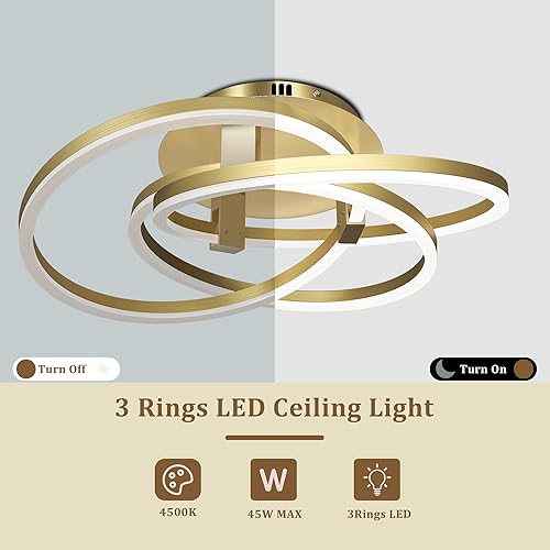 Miniatura 4 de Maxax Lámpara de techo LED dorada de 23.5 pulgadas, moderna lámpara de techo de 3 anillos, lámpara de techo para dormitorio, sala de estar, comedor,
