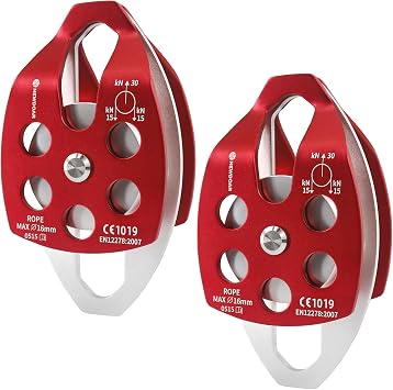 NewDoar 30KN Double Pulley CE Certified Large Rescue Pulley for Max Diameter up to 16mm Double Sheave with Swing Plate Double Wheel for Rescue Hauling Arborist Tree Climbing Heavy Lifting
