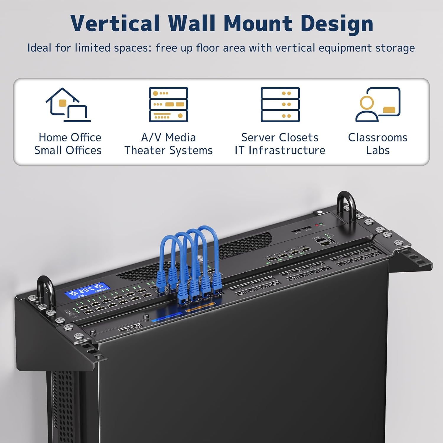 4U Vertical Wall Mount Rack - 19" Steel Wall & Under-Desk Bracket for Server, Network Switch, or Patch Panel, Supports up to 121lbs, for Cabinet or Server Room, JHSVR-4U