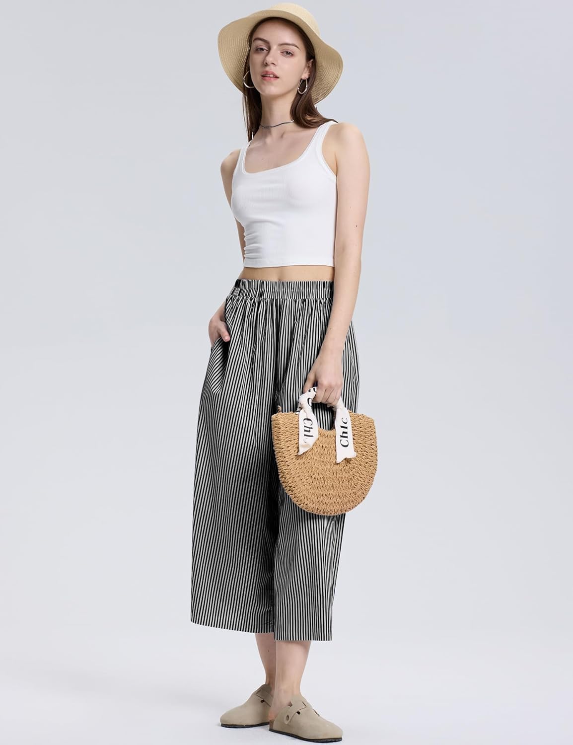 LOMON Womens Wide Leg Capri Pants Cotton Gingham Plaid Culottes Summer Elastic Waist Palazzo Trousers Bottoms with Pockets - Image 4