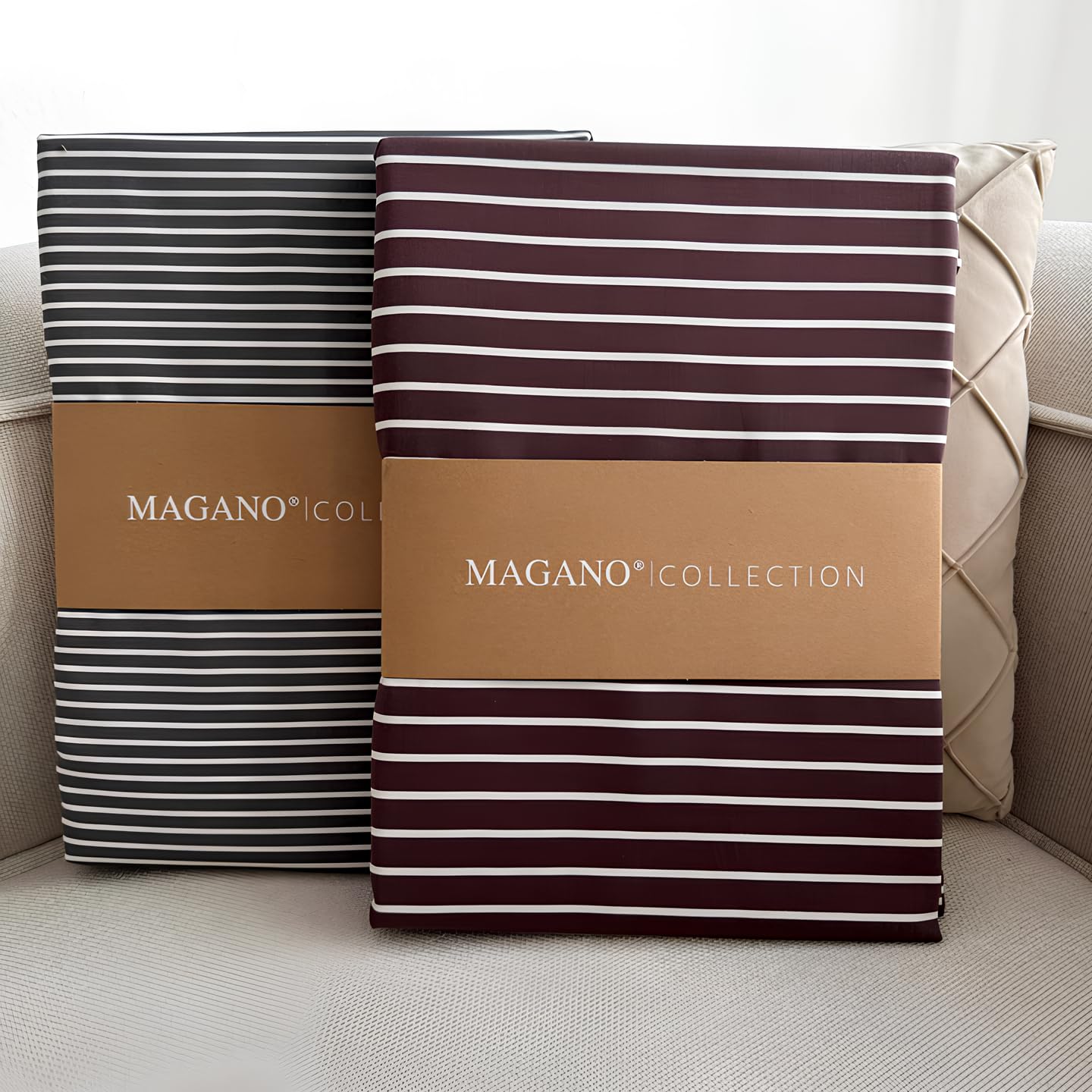 MAGANO® Sábana bajera ajustable de lujo de 160 x 200 cm, a rayas, beige/marrón, para colchón de somier, bambú y algodón satén, calidad superior 400 TC, sábana bajera ajustable de 160 x 200 cm, color