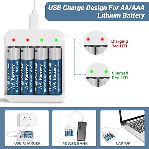 Miniatura 3 de Baterías de litio recargables AA de 3600 mWh de 1.5 V con cargador (ranura independiente de 4 bahías), paquete de 4 baterías de larga duración doble