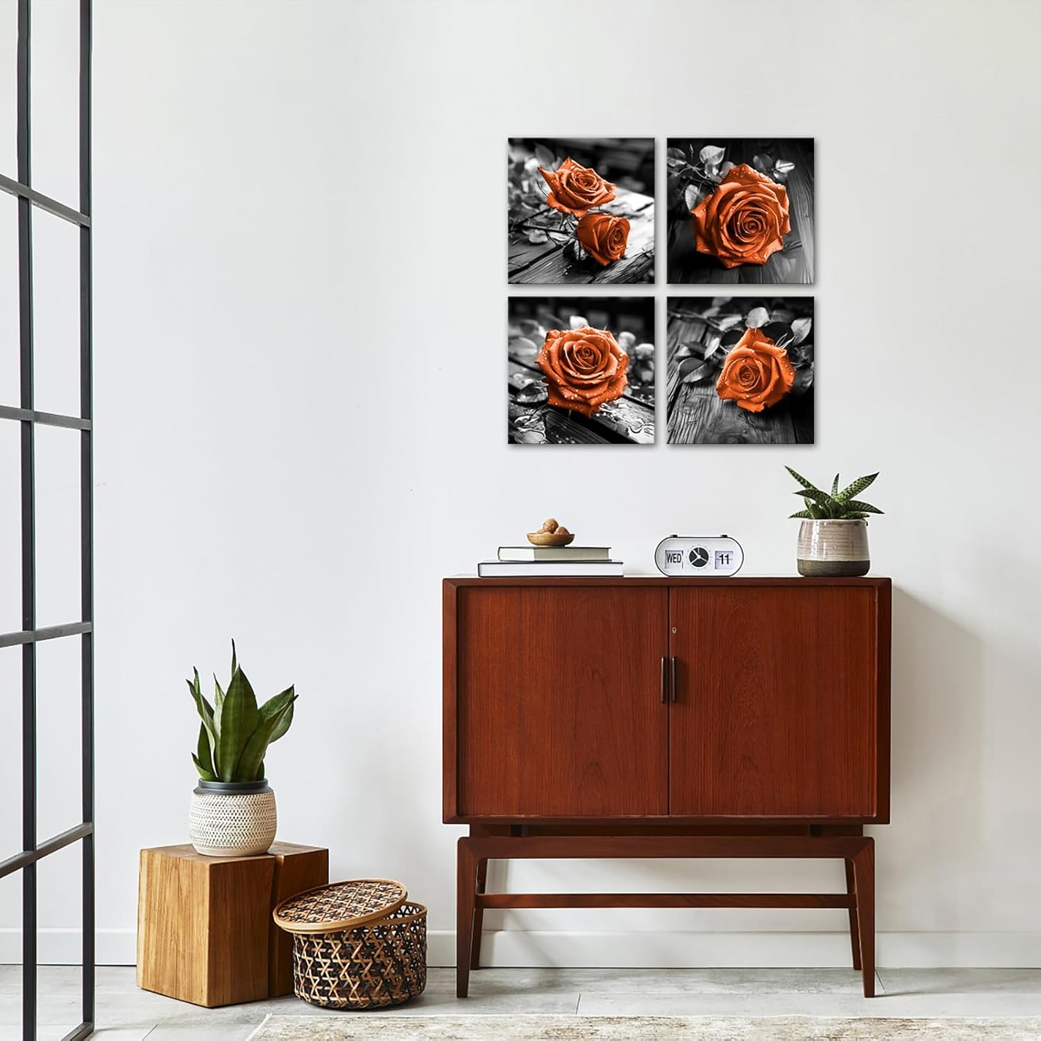 VANSEEING 4 Pieces Orange and Black Rose Flower Canvas Wall Art Floral Pictures Prints Modern Romantic Artwork Wall Decor for Valentine's Day Living Room Bedroom 12x12inchx4Pcs
