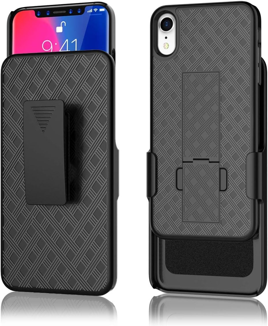 PIXIUCompatible with iPhone Xr Holster Case, Combo Shell & Holster Case - Super Slim Shell Case with Built-in Kickstand, Swivel Belt Clip Holster Full Body Protective case for Apple iPhone Xr 6.1 inch