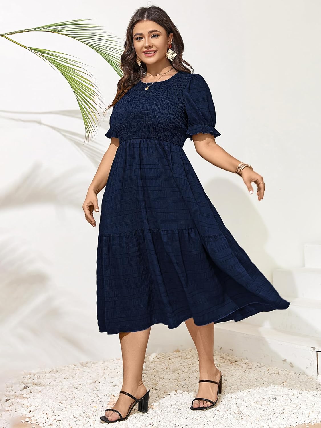 SCOMCHIC Womens Plus Size Summer Dresses 2025 Casual Puff Short Sleeve Crewneck Smocked Flowy Ruffle Boho Party Maxi Dress - Image 5