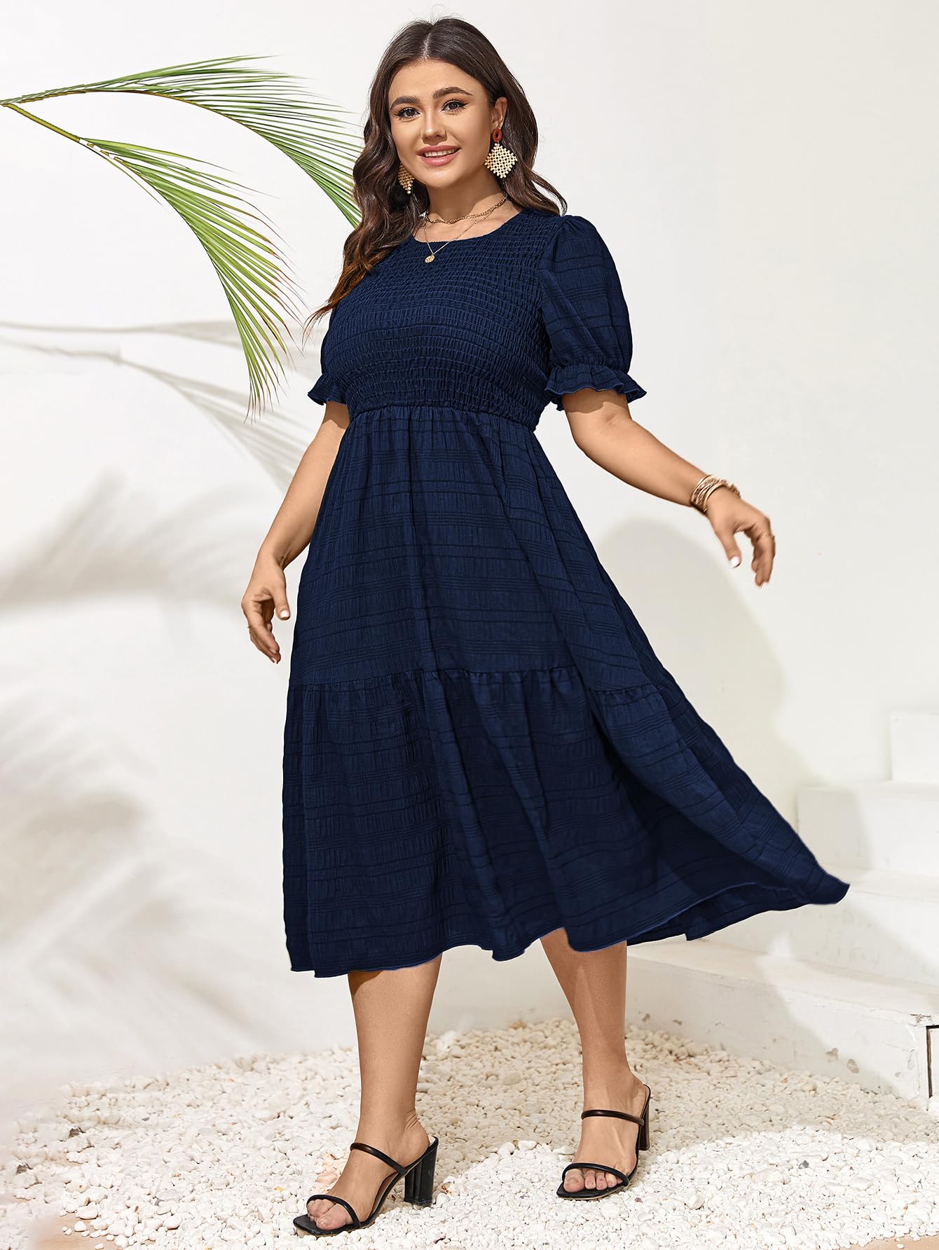 SCOMCHIC Vestidos de Verano para Mujer, Talla Grande, Casual, Manga Corta, Cuello Redondo, Fruncido, con Volantes, Bohemio, para Fiesta, Azul Marino, XXL Más