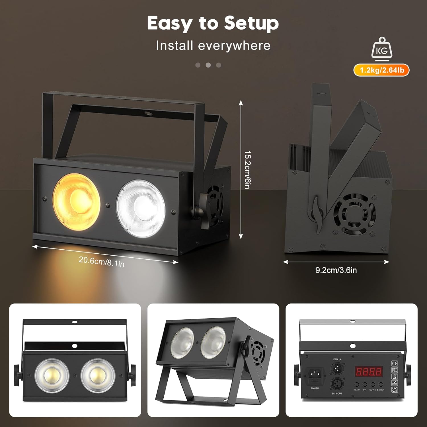 Diagram showing the dimensions of the light and the layout of the control panel with DMX In/Out, Power, Menu, Up, Down, and Enter buttons.