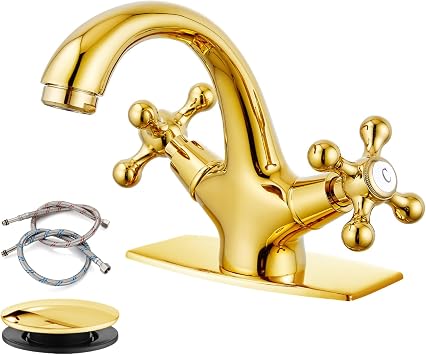 gotonovo Bathroom Sink Faucet 1 Hole Double Cross Handle, Polish Gold