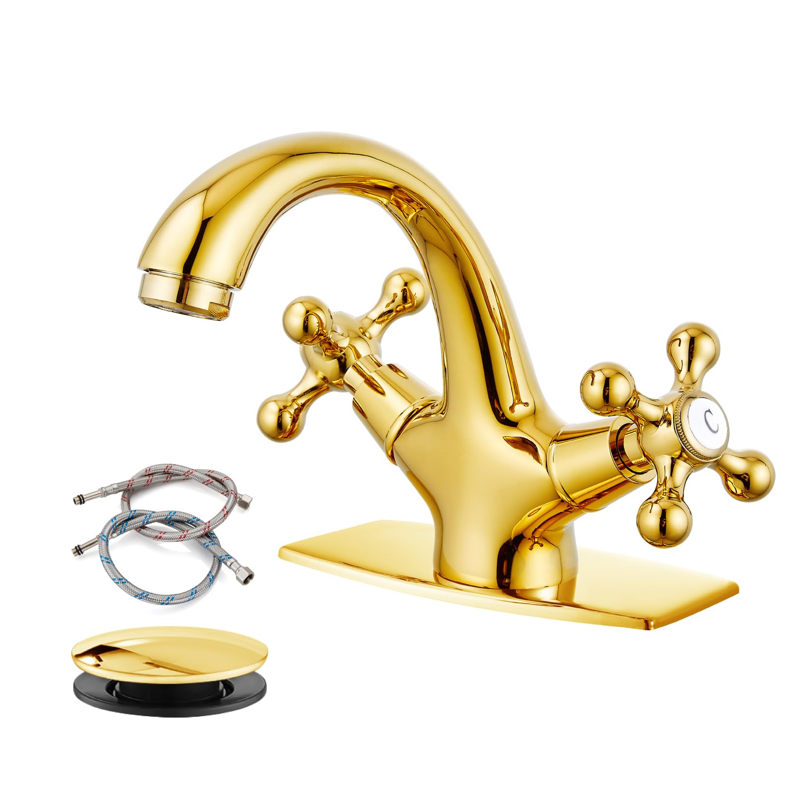 gotonovo Bathroom Sink Faucet Single Hole Double Cross Handle Knobs Lavatory Vessel Sink Mixer Tap Bathroom Faucet with Pop up Drain and Deck Cover Plate Polish Gold