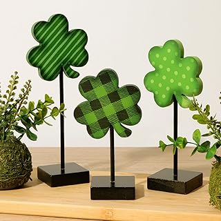 St Patricks Day Decorations, 3pcs Lucky Shamrock Wooden Sign on Stand Irish Wood Centerpiece Table Decorations, Freestanding Shamrock Signs St. Patrick's Day Decor for Gift Desk Party Home