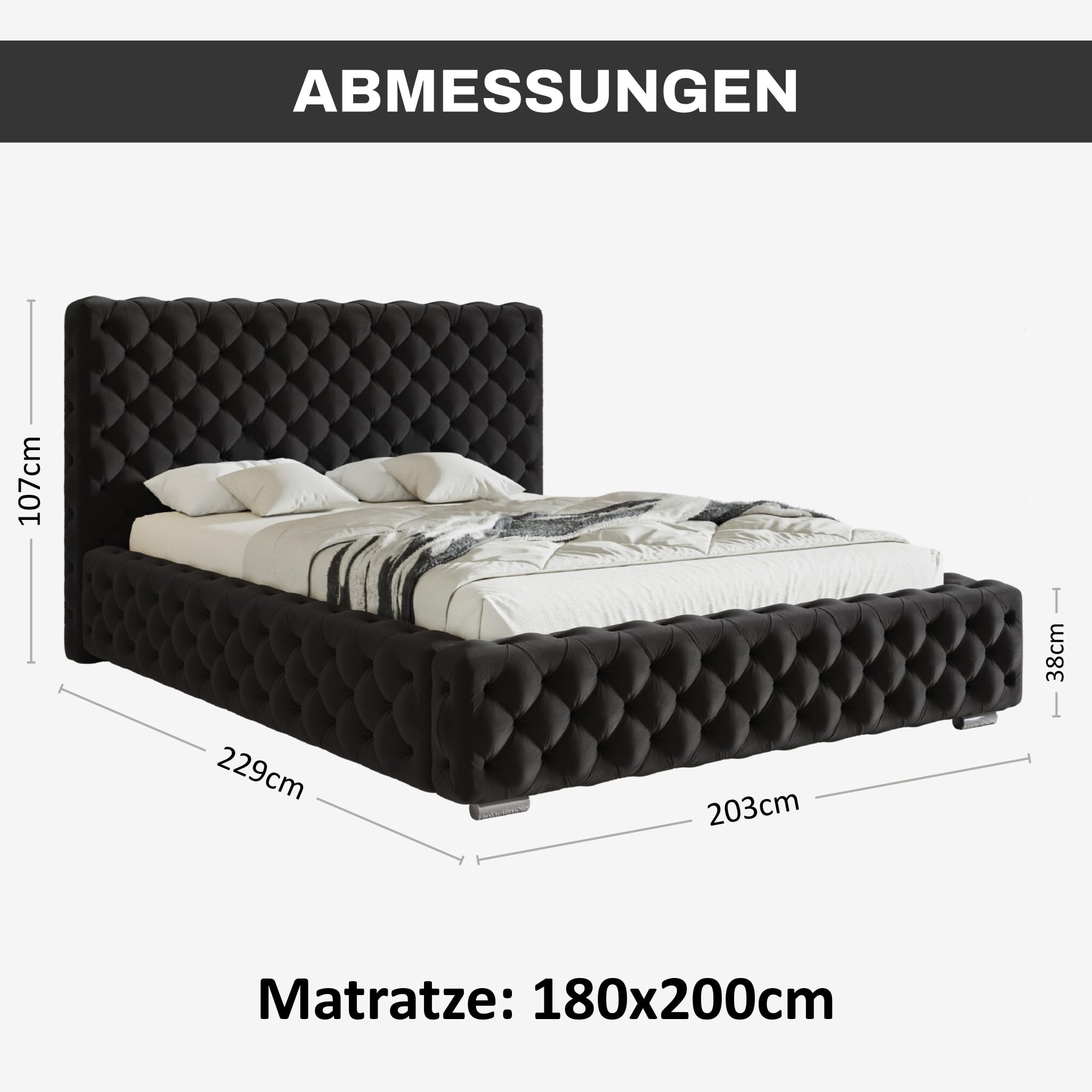 MOTIVENA Dianna Chesterfield Bett 180x200 Schwarz Samt, mit Stauraum, mit Kopfteil, mit Lattenrost, mit Füßen, ohne Matratze, Chesterfield Polsterbett 180x200 mit Bettkasten Schwarz