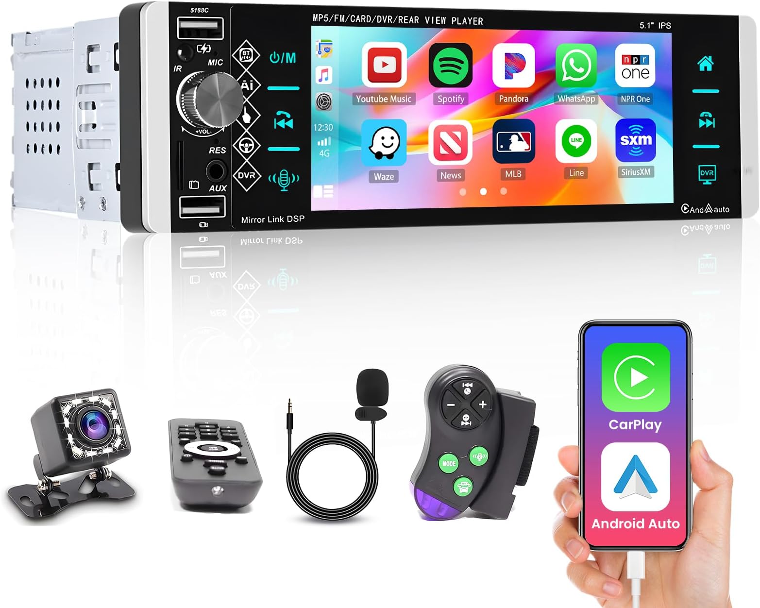 Roinvou Single Din Car Stereo Radio with Carplay Android Auto 5.1 Inch IPS Touch Screen Bluetooth FM Mirror Link Support SWC Voice Function Backup Camera External Mic Fast Charging Remote Control