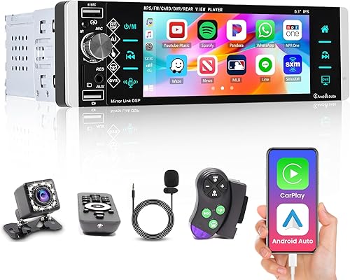 Roinvou Estéreo de coche de un solo DIN con Carplay Android Auto de 5.1 pulgadas, pantalla táctil IPS, radio de coche, Bluetooth, FM, espejo,