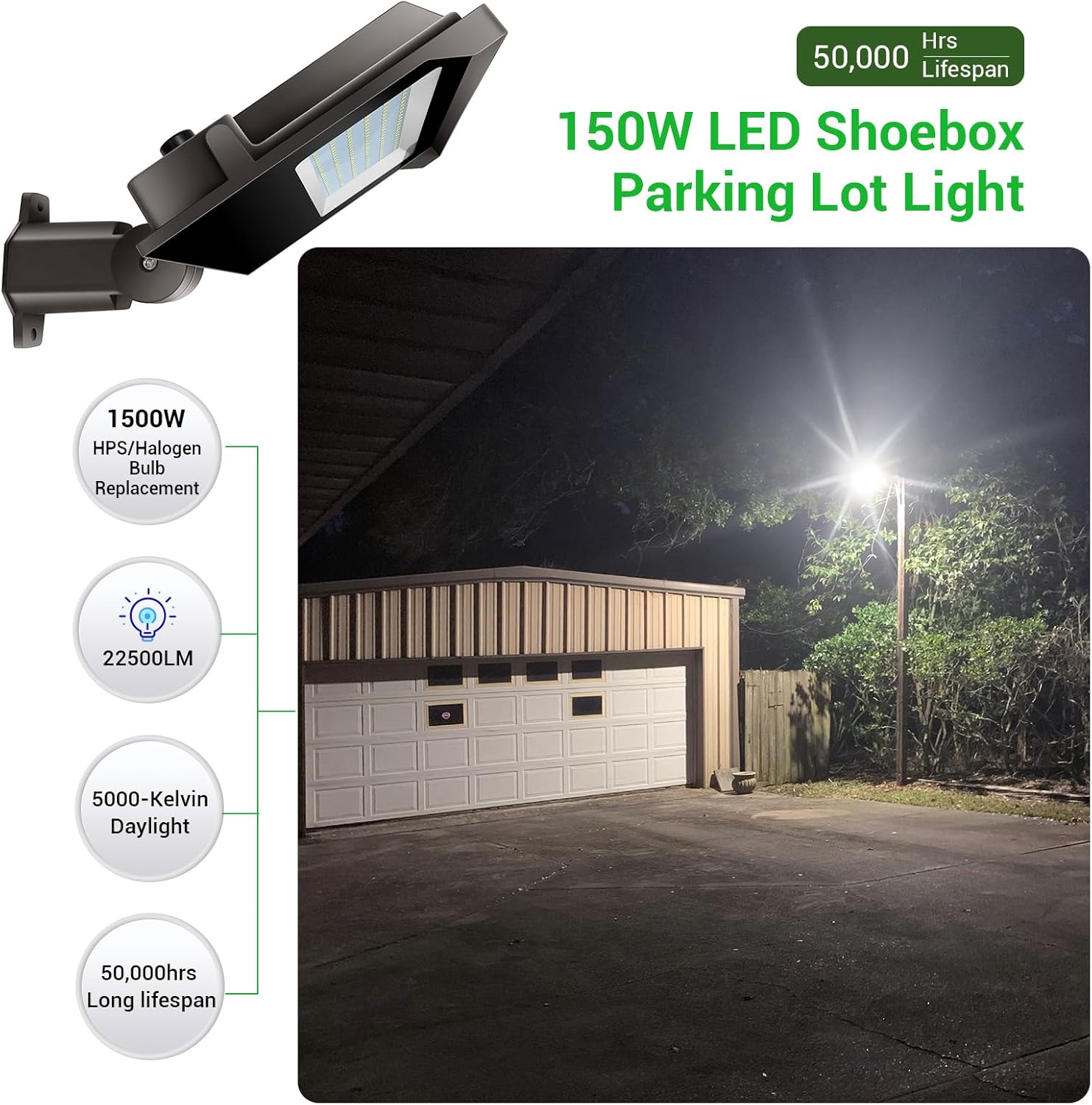 150W LED Parking Lot Lighting, Street Light 22,500 Lumen Super Bright 5000K Daylight White Replaces 1500W Halide Shoebox Pole Lights with photocell for Stadium Parking Lot Roadways