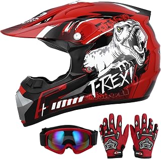 DOT Youth Dirt Bike Helmet with Goggles & Gloves for 5-14 Years Old, Kid ATV Helmets for Youth Boys Girls, Four Wheeler Helmet, Motocross BMX MX UTV Offroad Street Go Kart Dirt Bike Dinosaur