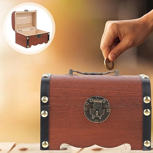 Miniatura 7 de Vaguelly Alcancías para adultos y niños, caja de almacenamiento de cofre del tesoro pirata, caja de almacenamiento con bloqueo, caja de dinero con