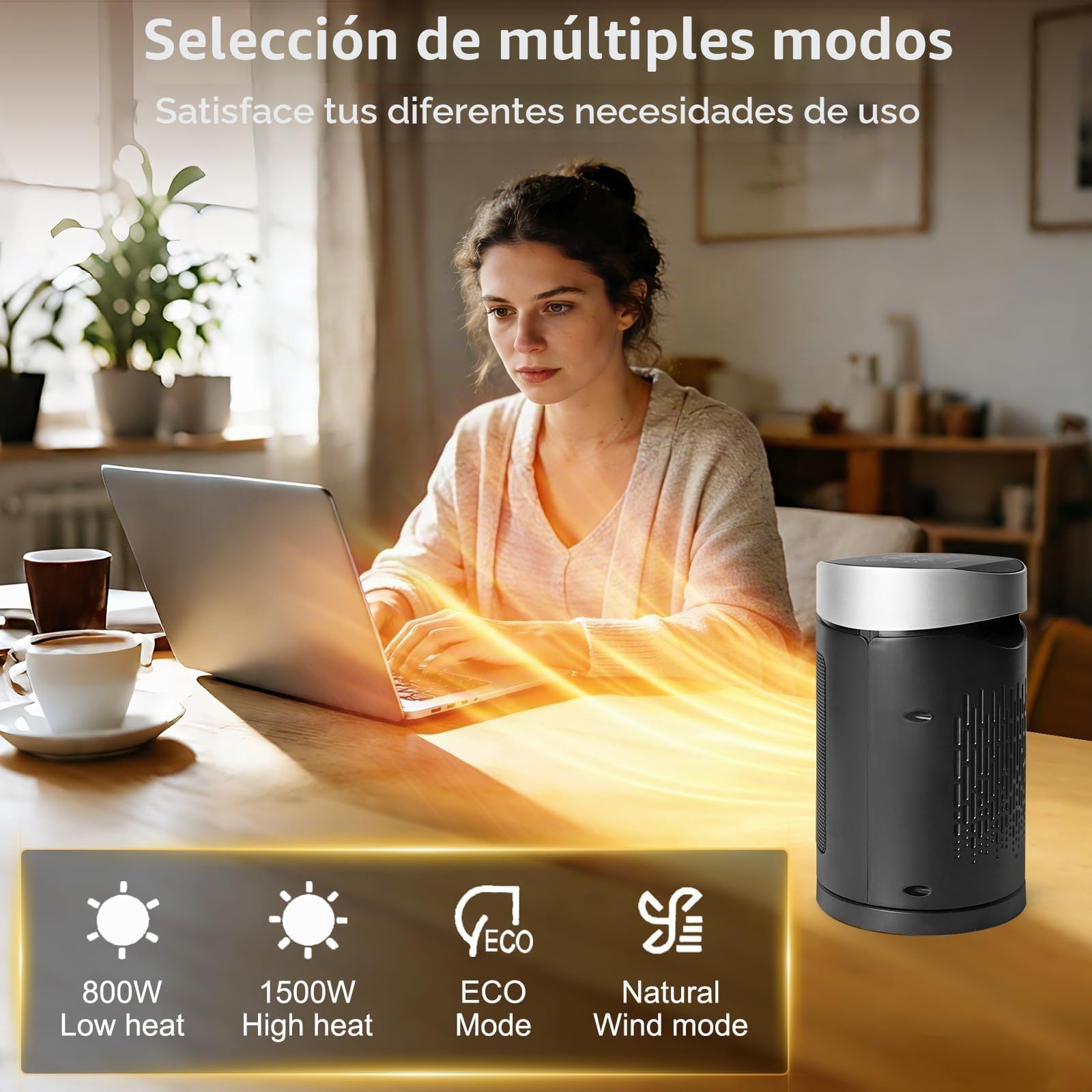 HOSSOM Calefactor Bajo Consumo, 1500W PTC Ceramico Radiador Electrico, 90° Oscilación, con termostato, temporizador 1-12H, 4 Modos, Modo ECO, Protección Sobrecalentamiento/Vuelco Apto interior