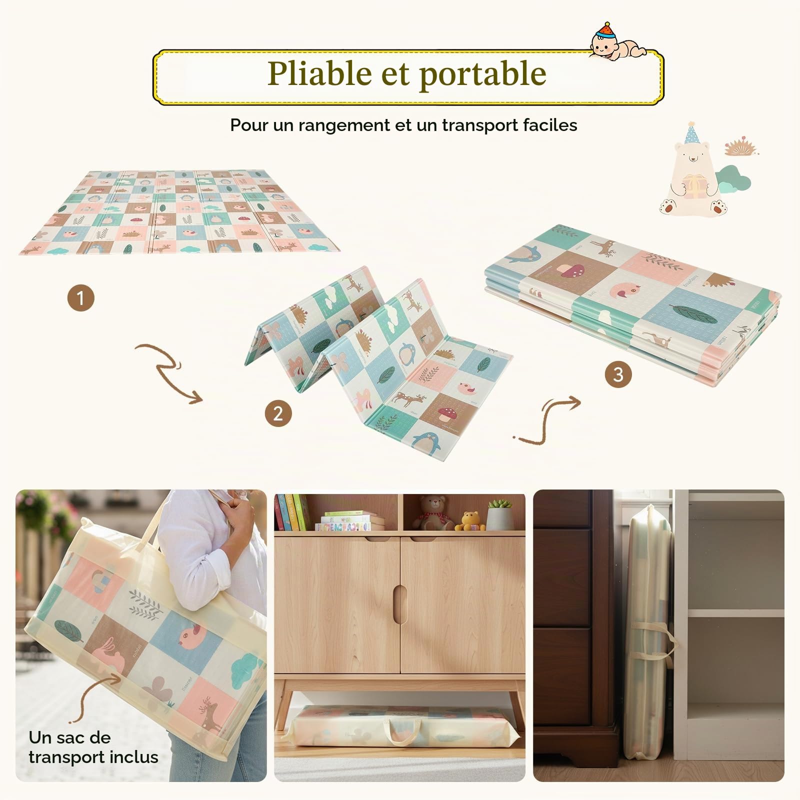 Tapis d'Éveil Bébé XXL 195 x 176 cm, Tapis de Motricité Pliable