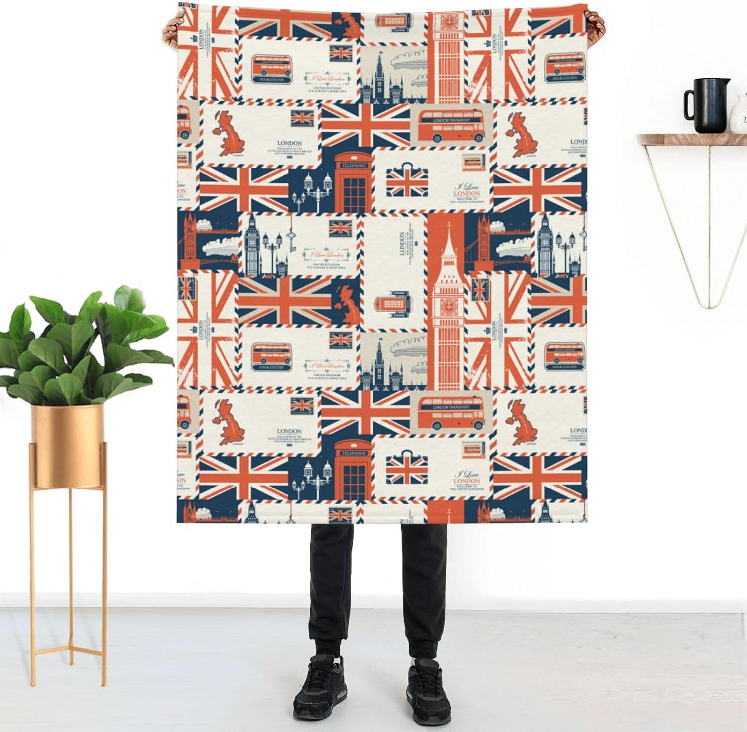 UK London Theme Throw Blanket Retro Style Fleece Soft Cozy 50"x40"