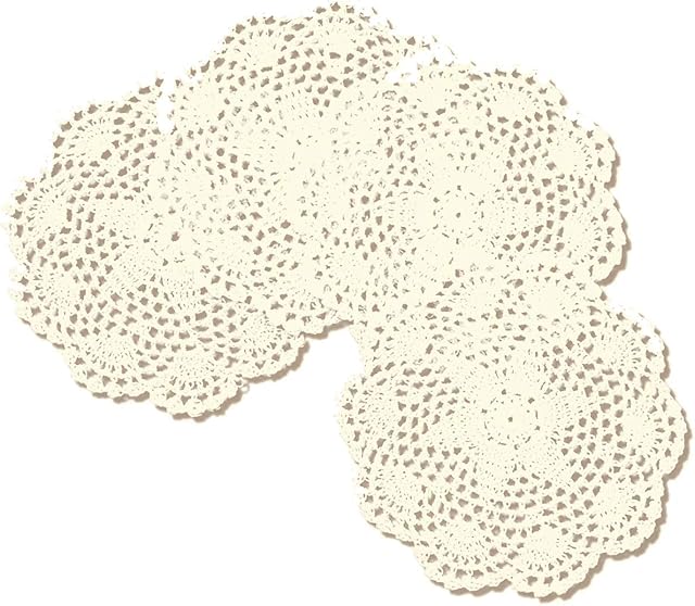 gracebuy Pack of 4PCS Beige 7 Inch 100% Cotton HANDMADE Crochet Lace Placemats Coasters