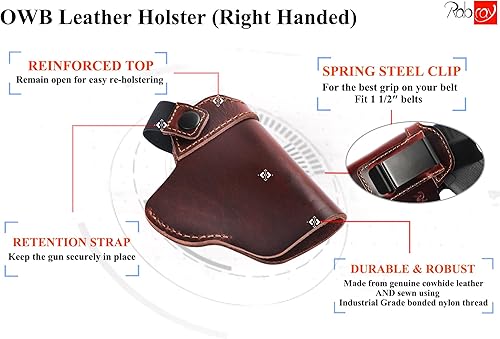 Miniatura 5 de OWB - Funda de piel auténtica para pistola con correa de retención compatible con Glock 194343X, Taurus G2CG3CG3, S&W M&P Shield, SCCY, Springfield