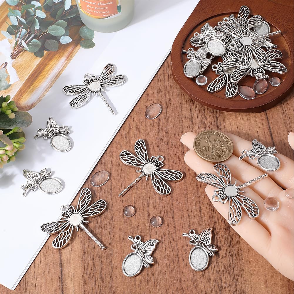 SUNNYCLUE 80Pcs DIY 40Sets Cabochon Bezel Trays Pendant Bezel Kit Antique Silver Butterfly Dragonfly Insect Pendant Blanks Pendants Tray with Round Oval Glass Cabochons for Jewelry Making Charms - Image 3