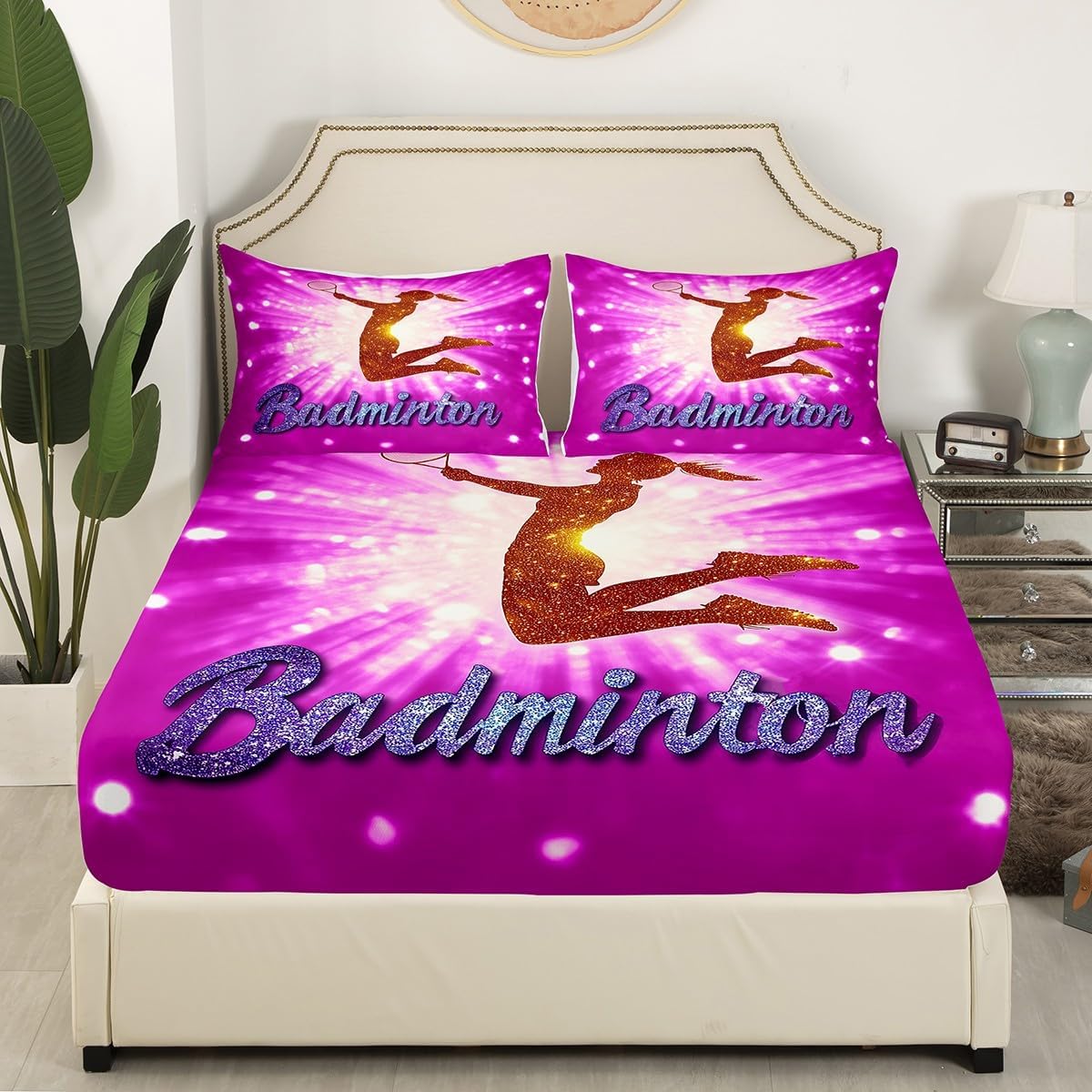 jejeloiu Badminton Fitted Sheet Twin Size Kids Sports Game Bedding Set for Boys Girls Teens Clear Purple Bed Sheet Set