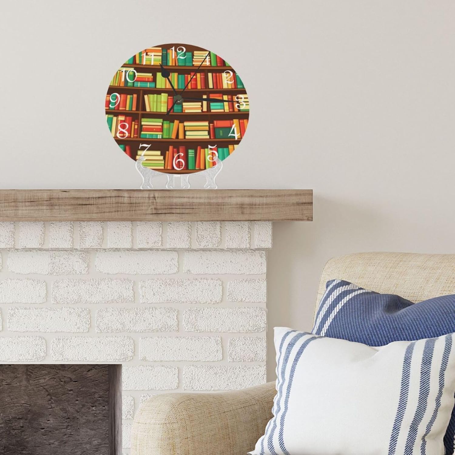 Wall Clock Bookshelf Theme,Silent Non-Ticking Battery Operated 10 Inch,Library Cartoon Style，Decorative for Kitchen, Home, Bathroom, Bedroom,Brown Green