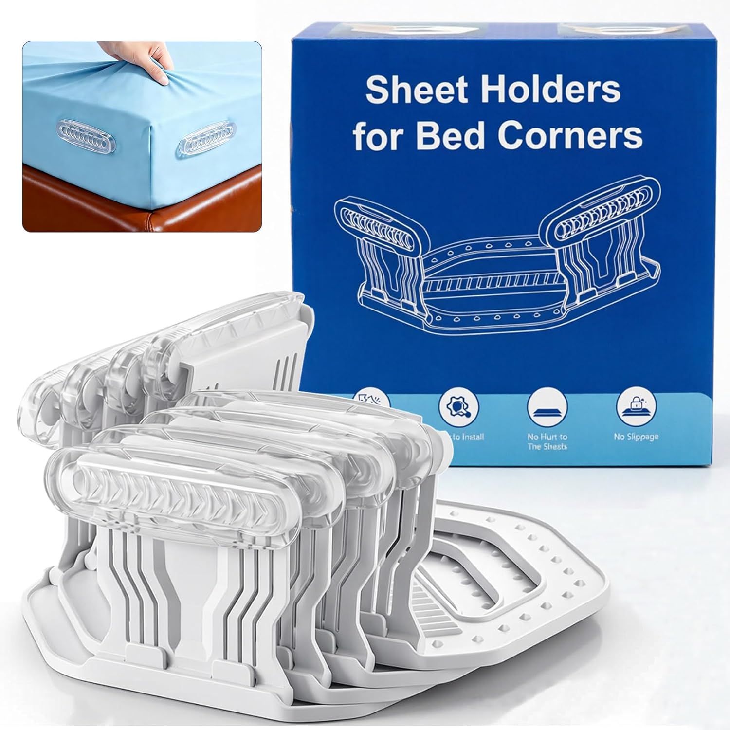 Bed Sheet Holders for Corners Keep Sheets Firm & Tight, Upgraded Bed Sheet Fasteners Easy No-Lift Installation,Each Bed Sheet Grippers with Dual-Side Lock,Universal Fit for Twin Queen King Mattress