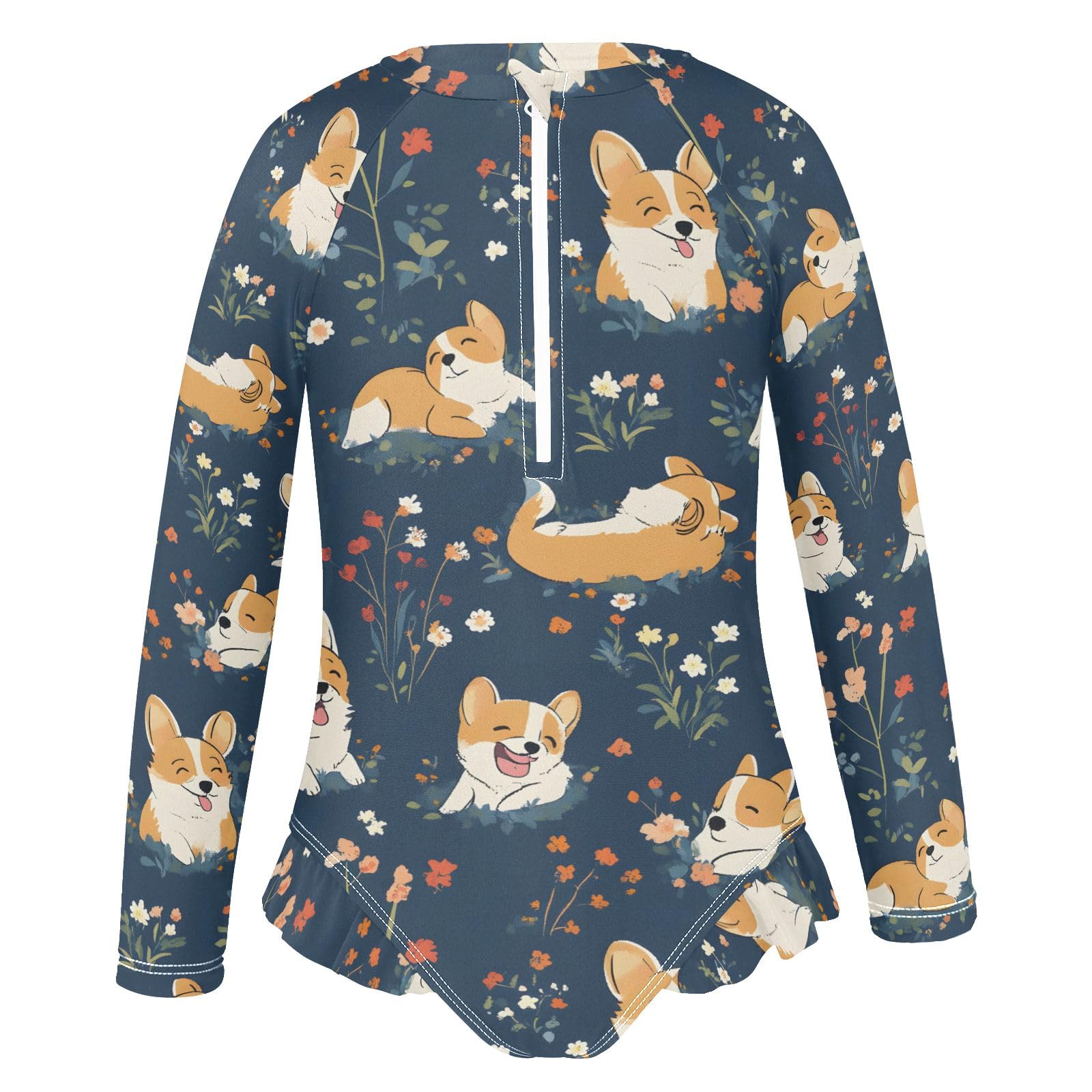 ALAZA Swimsuit for Girls Long Sleeve Rashguard Bathing Suit Corgis Poses Flower Quick Dry 4T