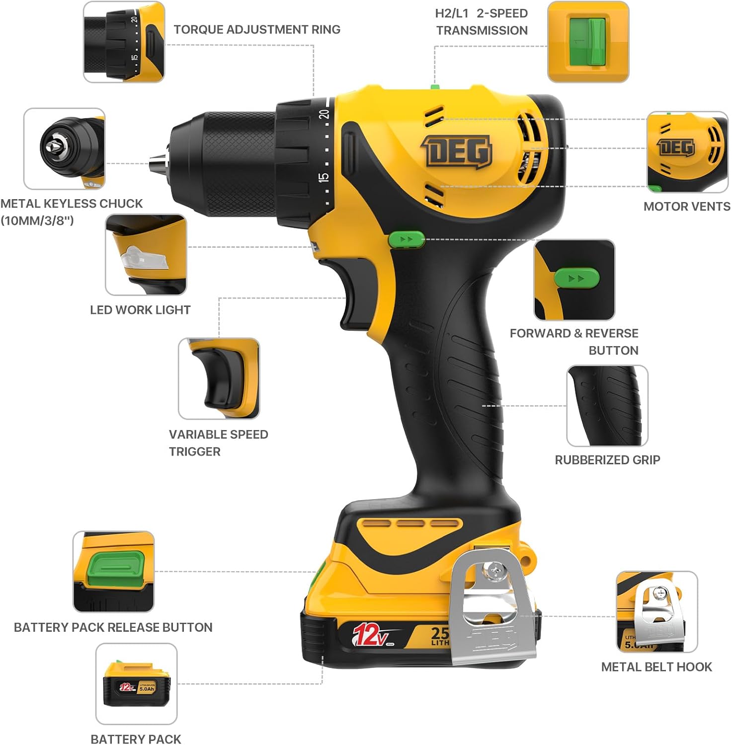 12V MAX Cordless Drill/Driver Kit,Electric Power Drill Set with Battery & Charger, 3/8-Inch Keyless Chuck, 2 Variable Speed, 20+1 Torque