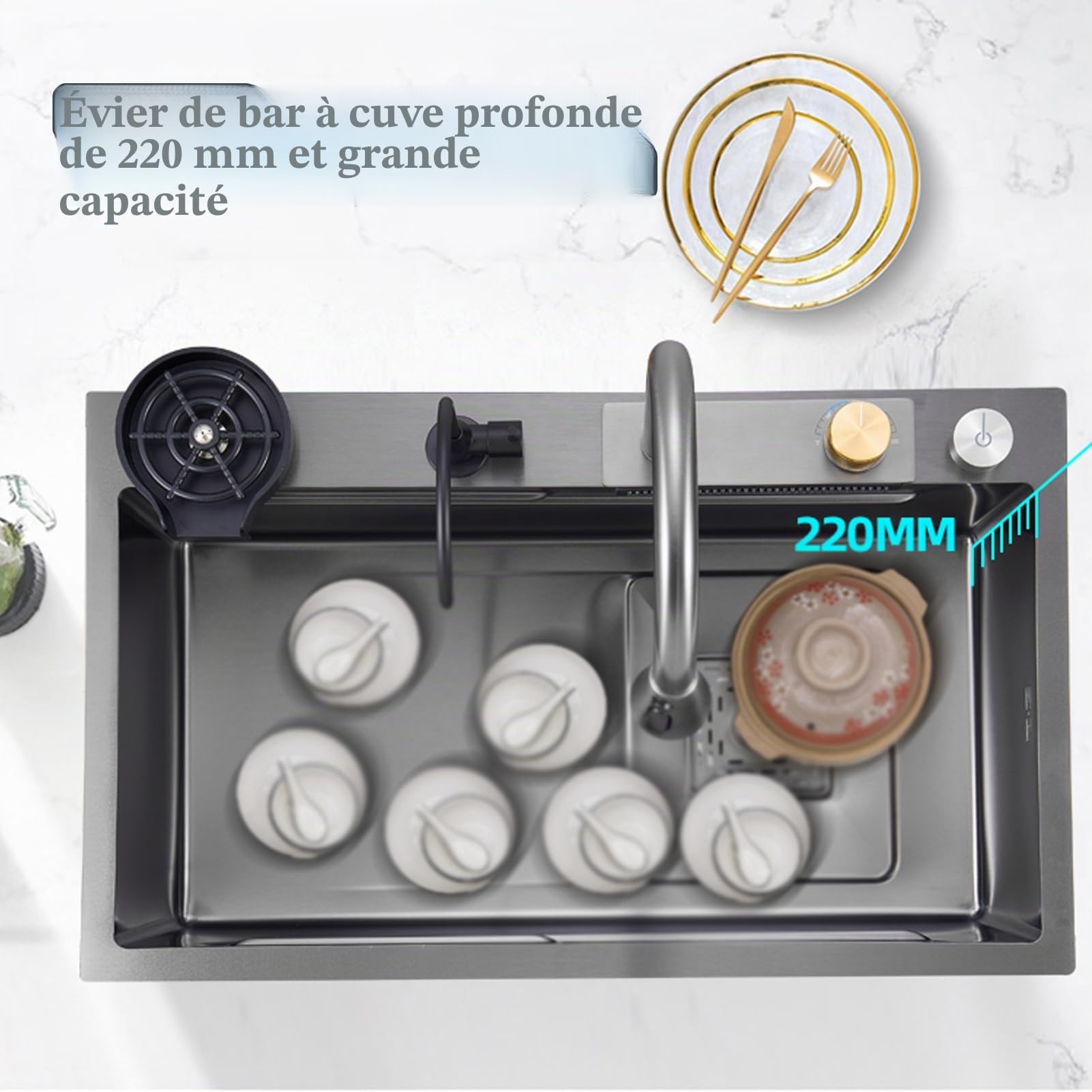 Évier de cuisine 68 x 45 cm Avec robinet cascade En acier inoxydable noir Pour usage domestique Nettoyeur haute pression, planche à découper, panier