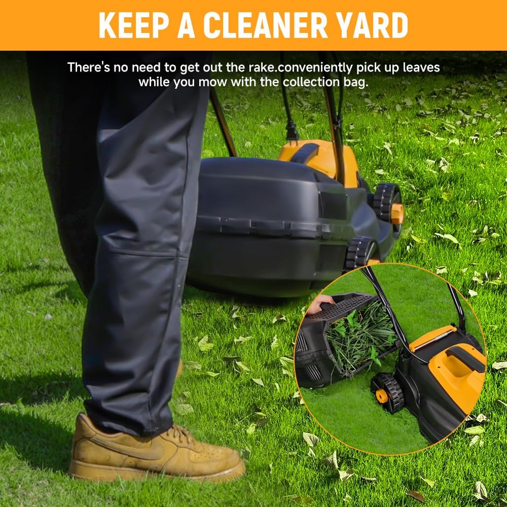 Person emptying grass clippings from the Hoteche lawn mower's collection bag