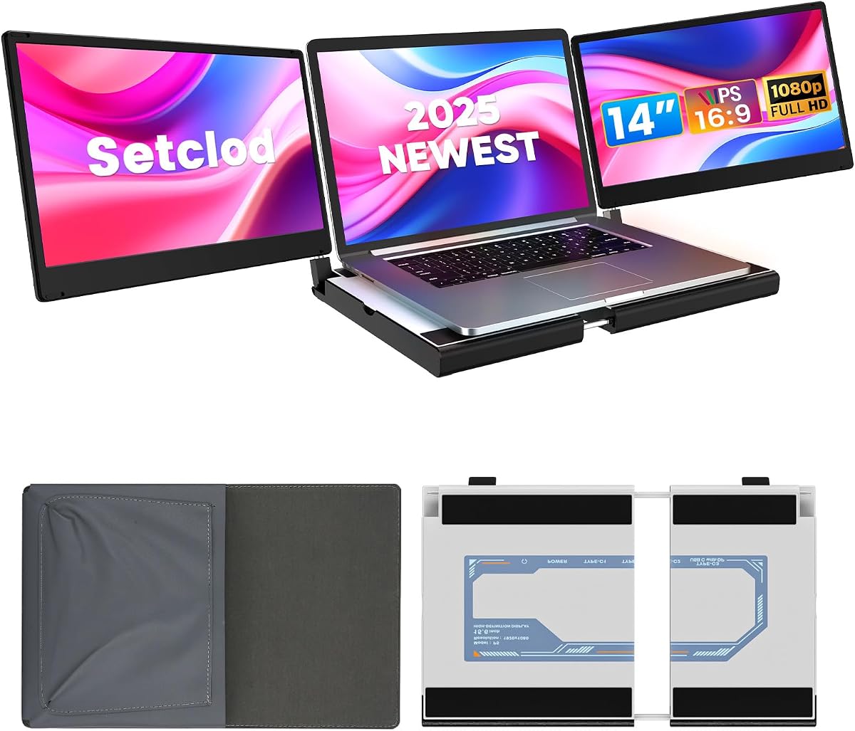 Setclod 14" FHD 1080P Laptop Monitor Extender, Triple Screen, Portable, Compatible with Mac, Windows, Chrome