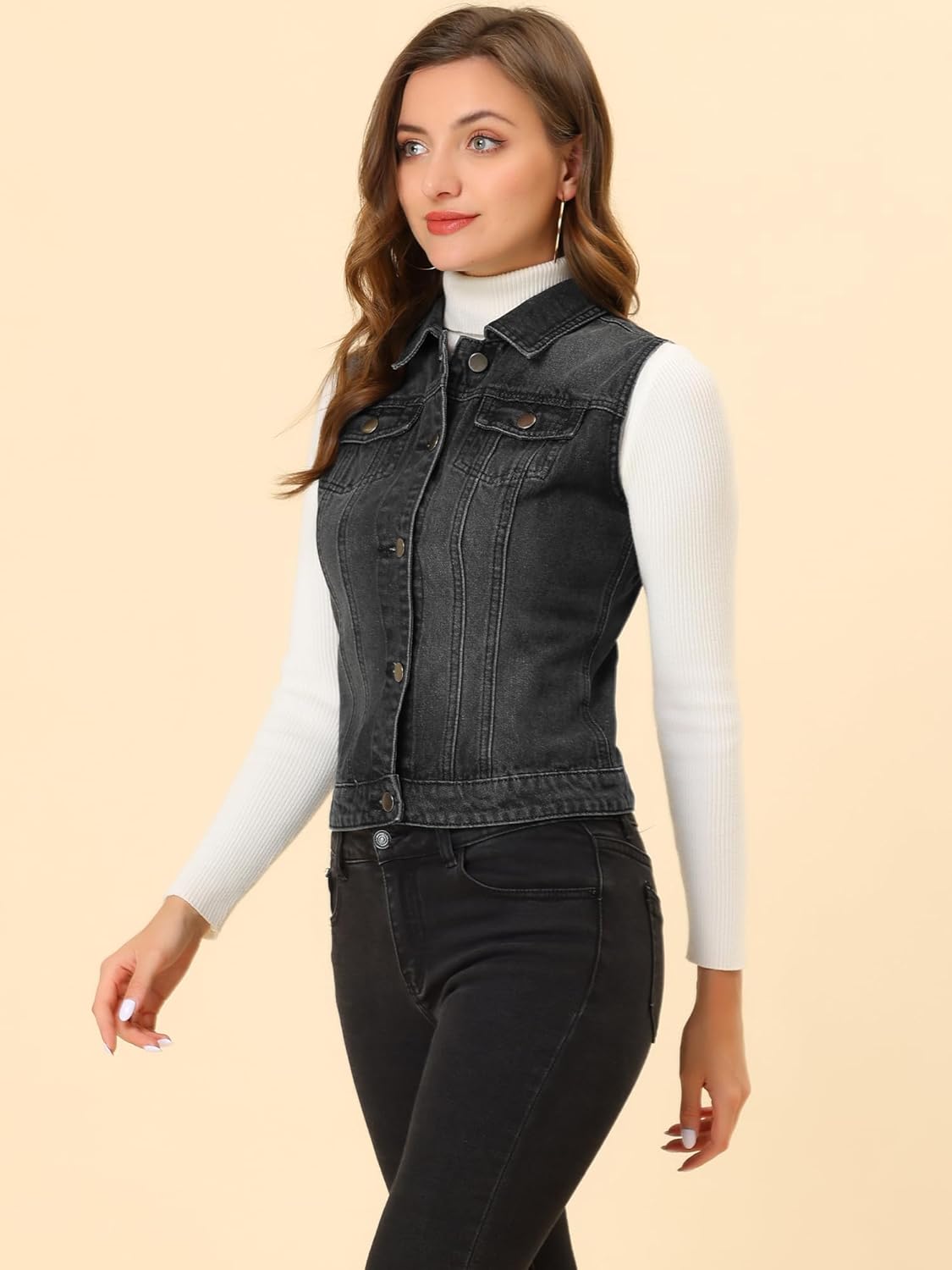 Allegra K Women's Buttoned Washed Denim Vest Jacket W Chest Flap Pockets - Image 2