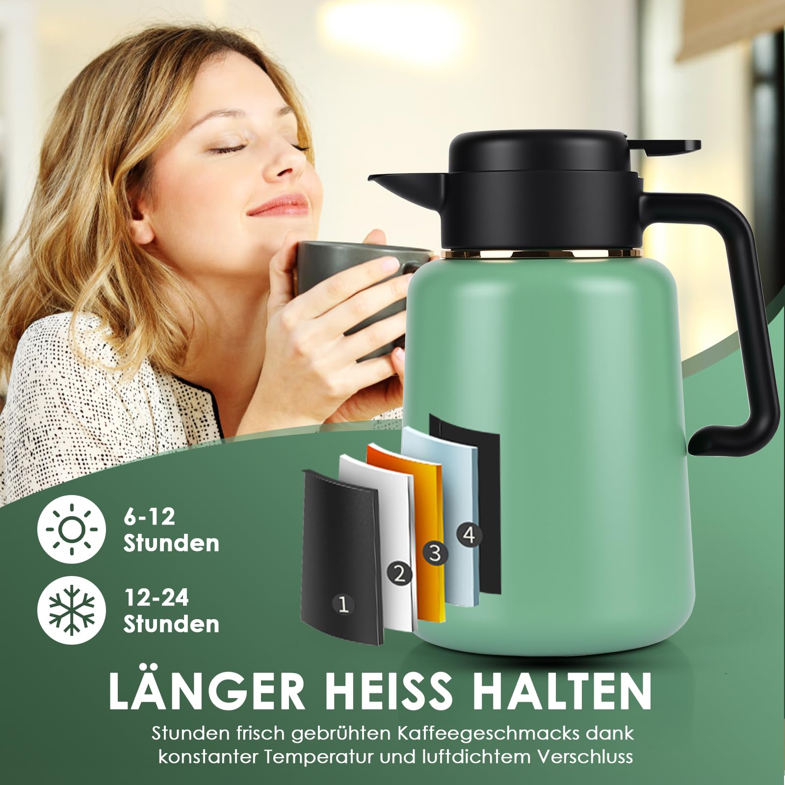 Thermoskanne 1,8-Liter mit Temperaturanzeige, Thermoskanne mit Teesieb 100% Leck & Tropfdicht, Kaffeekanne Thermo für Milch, Tee & Kaffee