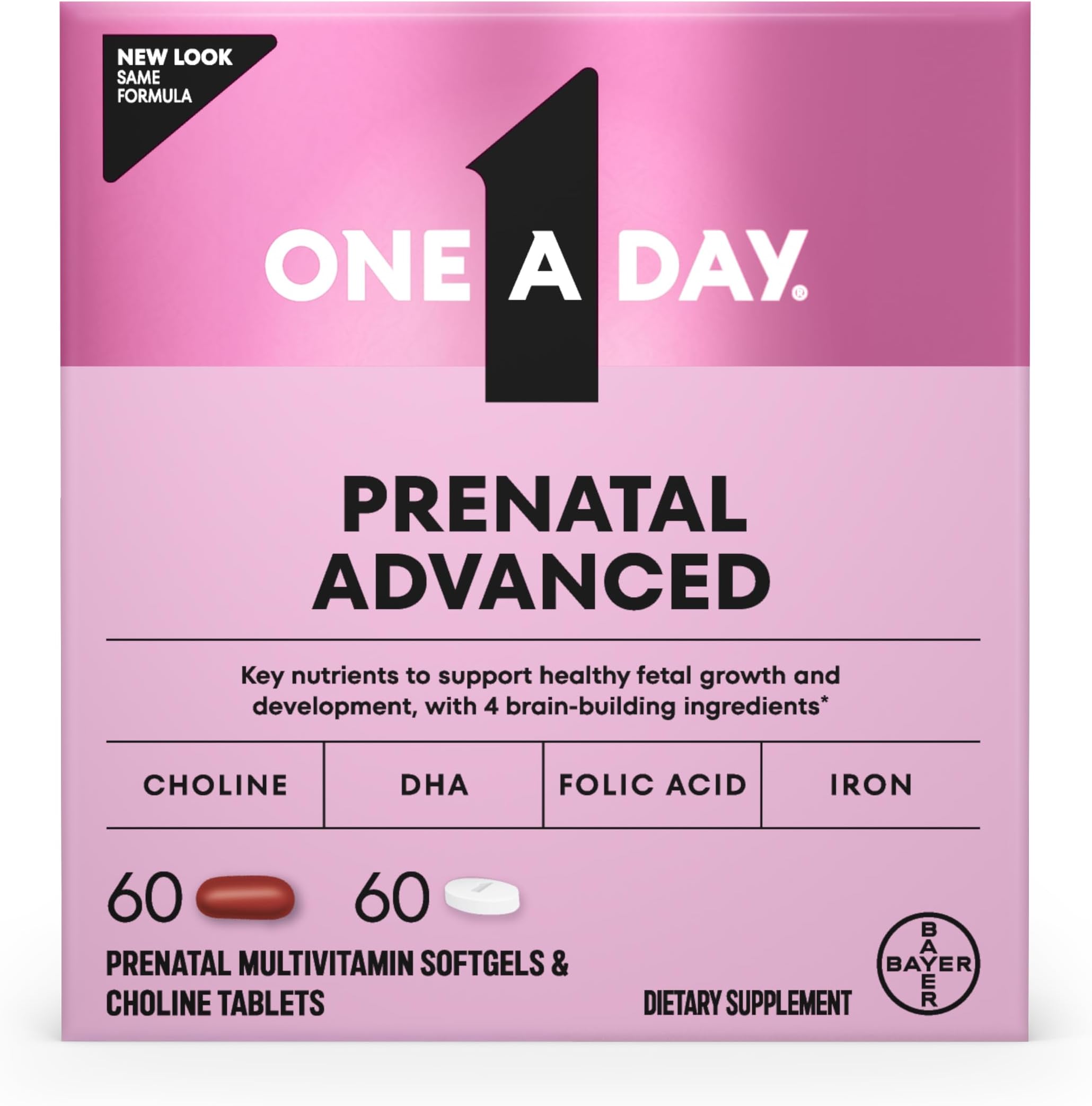 One A Day Prenatal Advanced- Prenatal Vitamins with Folic Acid, Choline, DHA & Iron, Pregnancy Vitamins for Women to Support Baby’s Development, 60+60 Ct (120 Total Set) (Packaging May Vary)
