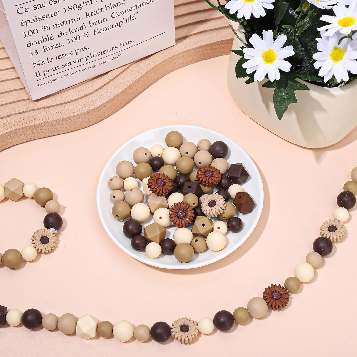 Whaline 100Pcs Daisy Flower Silicone Beads with Elastic Rope Brown Round Hexagon Loose Spacer Beads for Fall Autumn DIY Crafts Jewelry Necklaces Bracelets Keychain Making - Image 4