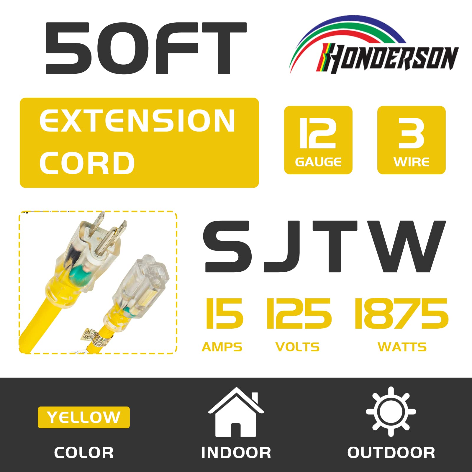 Glattol HONDERSON - Cable de extensión iluminado para exteriores de 1 pie 12/3 – Calibre 12 3 clavijas SJTW cable de extensión amarillo resistente con enchufe de 3 clavijas a tierra para seguridad,