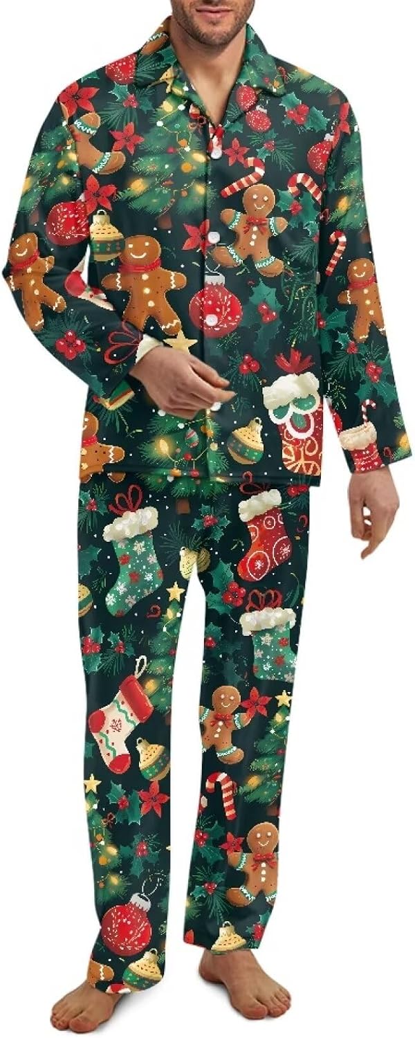 AmzPrint Lights Print Christmas Men Pajama Set Xmas Lazy Santa Pajamas For Men Holiday 2 Piece Long Sleeve Sleepwear