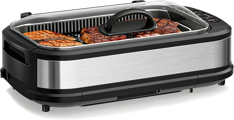 Smokeless Electric Grill & Griddle for Indoor Cooking, Nonstick Contact Grill with 6-Level Temperature Control, Dishwasher Safe Plates, Auto Shut-Off, Ideal for Kitchen, Apartment, Home